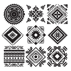 set of nine black shapes, ornate rhombus, black on white background