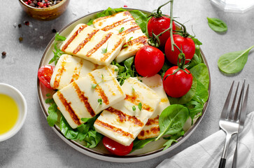 Grilled Halloumi Cheese with Cherry Tomatoes, Tasty Appetizer, Salad, Ketogenic, Paleo Lunch