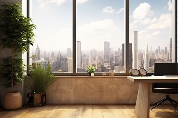 Modern office interior with panoramic window and city view