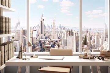 Modern office interior with panoramic window and city view