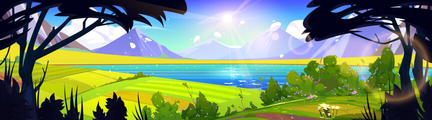 Fototapeta na wymiar Spring mountain nature and green field vector landscape illustration. Summer hill cartoon scenery with lake, cloud and flower. Sunny rural village valley near river and pasture farmland backdrop.