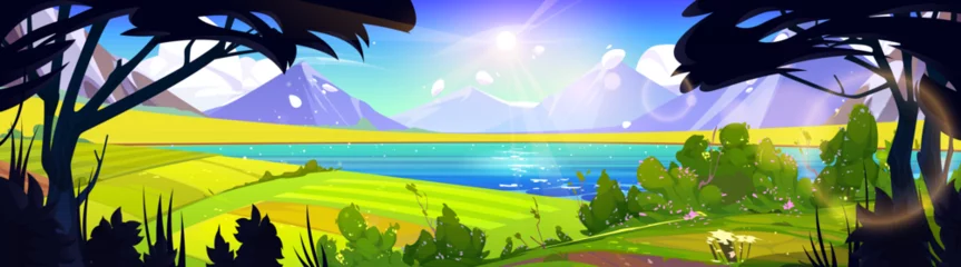 Gardinen Spring mountain nature and green field vector landscape illustration. Summer hill cartoon scenery with lake, cloud and flower. Sunny rural village valley near river and pasture farmland backdrop. © klyaksun