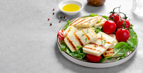 Grilled Halloumi Cheese with Cherry Tomatoes, Tasty Appetizer, Salad, Ketogenic, Paleo Lunch