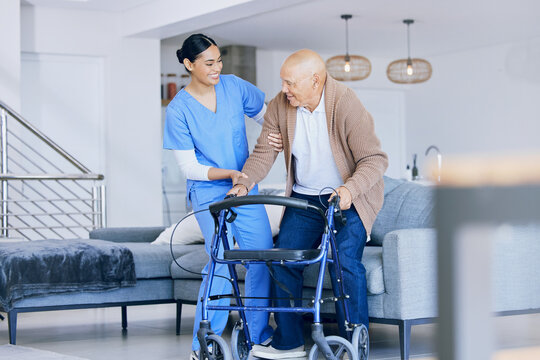 Senior man with walker, woman caregiver and retirement, health with help and support in nursing home. Happy people, female nurse and male person with disability, physical therapy and rehabilitation