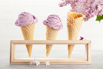 Berry ice cream in waffle cones