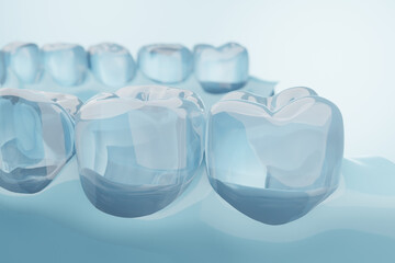 Human molar teeth and gums with blue background for dental and clinic concept. 3D rendering.