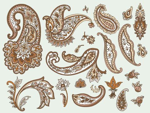 Set of Vector Paisley Materials on green background