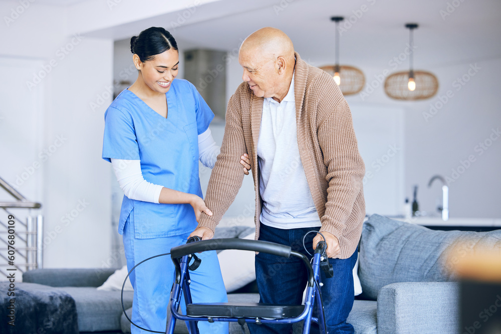 Canvas Prints Old man with walker, woman caregiver and retirement, health with help and support in nursing home. Happy people, female nurse and male person with disability, physical therapy and rehabilitation