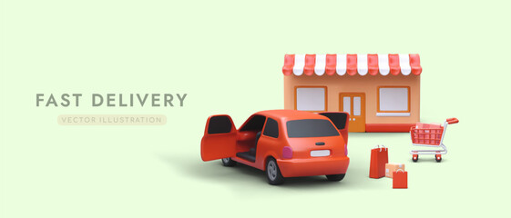 Fast delivery. Car courier services. Transportation of purchases to buyer home. 3D advertising on colored background. Easy and pleasant shopping. Realistic car, shop, paper bags, cart