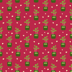 Seamless pattern of microgreen shoots with hearts on a red background. Vector illustration for decoration, postcards, print, fabric