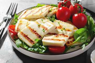 Grilled Halloumi Cheese with Cherry Tomatoes, Tasty Appetizer, Salad, Ketogenic, Paleo Lunch