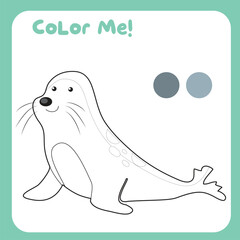 Coloring a seal the sea animal. Coloring sea animals worksheet. Coloring activity for preschool and kindergarten children. Printable educational printable coloring worksheet. Vector file.