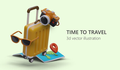Wanderlust, time to travel. Banner with floating 3D elements. Sunglasses, map, suitcase, camera, geotag. Poster with place for text on light green background