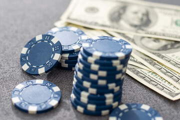 Small Stack of Blue Poker Chips, closeup on background