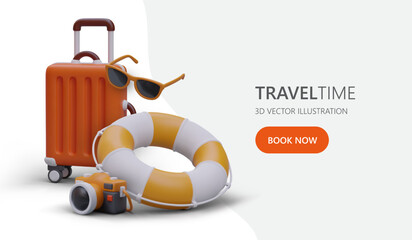 Tours for companies, couples, single people. Selection of optimal recreation program. Poster of experienced tour operator. Agency for arranging recreation at sea. Web design with 3D graphics