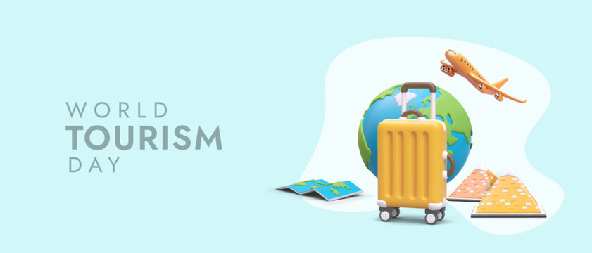 Holiday of tourists. World Travel Day. Advertising template for travel business website. Place for special holiday offer. Bonuses for regular customers