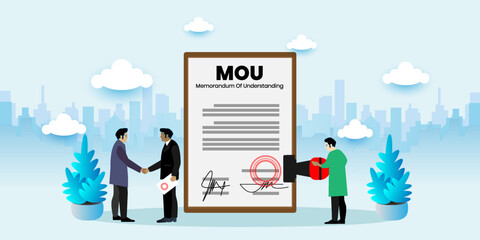 mou memorandum of understanding Concept With icons. Cartoon Vector People Illustration - obrazy, fototapety, plakaty