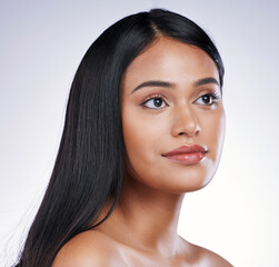 Hair care, beauty and face of woman with healthy, long hairstyle and luxury salon treatment on white background in Brazil. Growth, straight haircut and latino model with keratin on studio backdrop. - obrazy, fototapety, plakaty