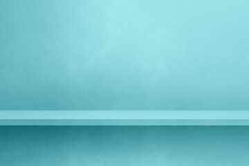Naklejka premium Empty shelf on an aqua blue concrete wall. Background template. Horizontal mockup