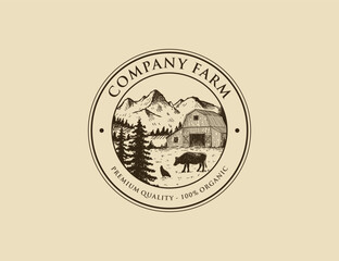 Vintage farm barn logo design with hand drawn retro and tree in background