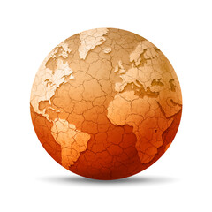 Dry and cracked world globe isolated on white background. Global warming symbol