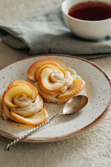 Tasty food sweet bakery pastry puff homemade cooking with cup of tea