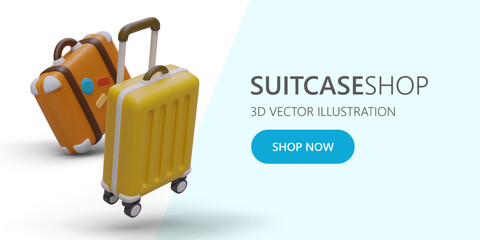 Web poster with 3d realistic suitcase with colored stickers and trolley bag. Travel luggage concept. Old style voyage suitcase. Luggage for journey. Vector illustration in orange and yellow color