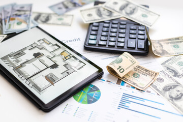 business, office, school and money concept - chart paper, tablet pc