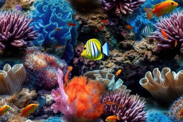 Fototapeta na wymiar Tropical Aquarium with Fish, Coral. Anemones Seamless Texture Pattern Tiled Repeatable Tessellation Background Image