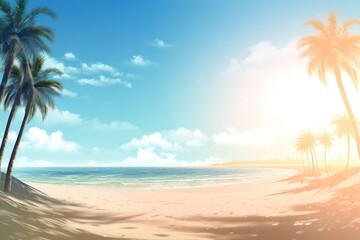 sandy beach with palm trees near the ocean in the rays of the sun. The concept of summer. generative ai.