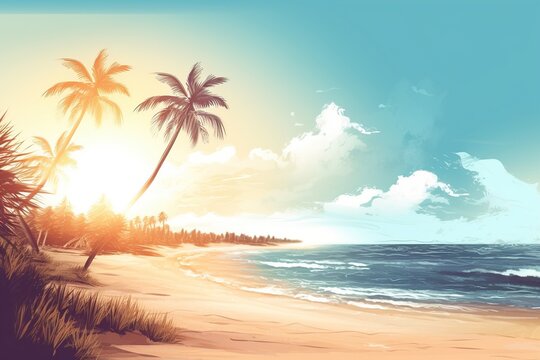 sandy beach with palm trees near the ocean in the rays of the sun. The concept of summer. generative ai.