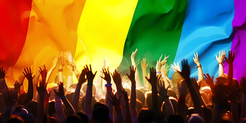 Fototapeta Pride parade people raising hands and rainbow flag. LGBTQ pride. AI generated obraz