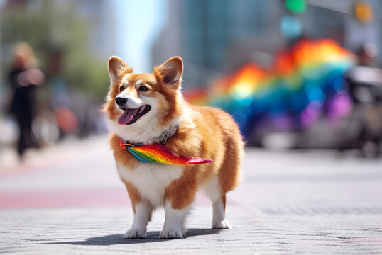 Corgi dog in pride parade. Concept of LGBTQ pride. AI generated