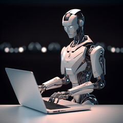 Futuristic robot using computer laptop. AI generated