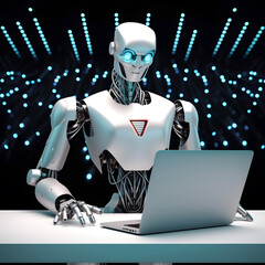 Futuristic robot using computer laptop. AI generated