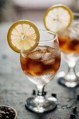 Espresso tonic beverage with coffee. Summer cold iced drink with ice still life photo