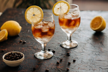 Espresso tonic beverage with coffee. Summer cold iced drink with ice still life photo