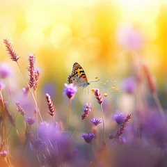 Photo sur Plexiglas Herbe Wild flowers of clover and butterfly in a meadow in nature in the rays of sunlight in summer in the spring close-up of a macro. A picturesque colorful artistic image with a soft focus.