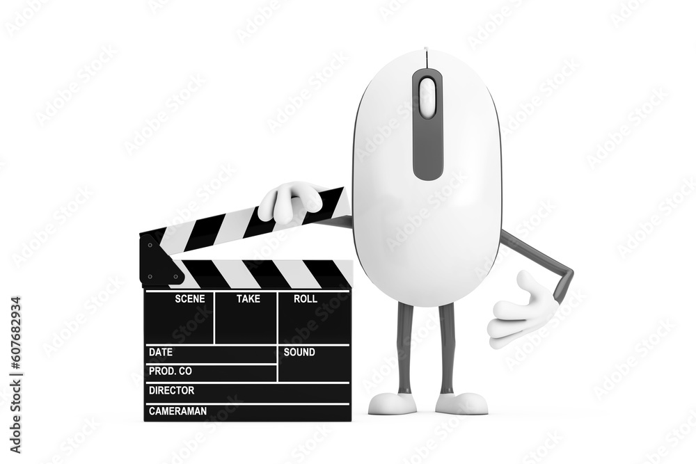 Leinwandbilder computer mouse cartoon person character mascot with movie clapper board. 3d rendering