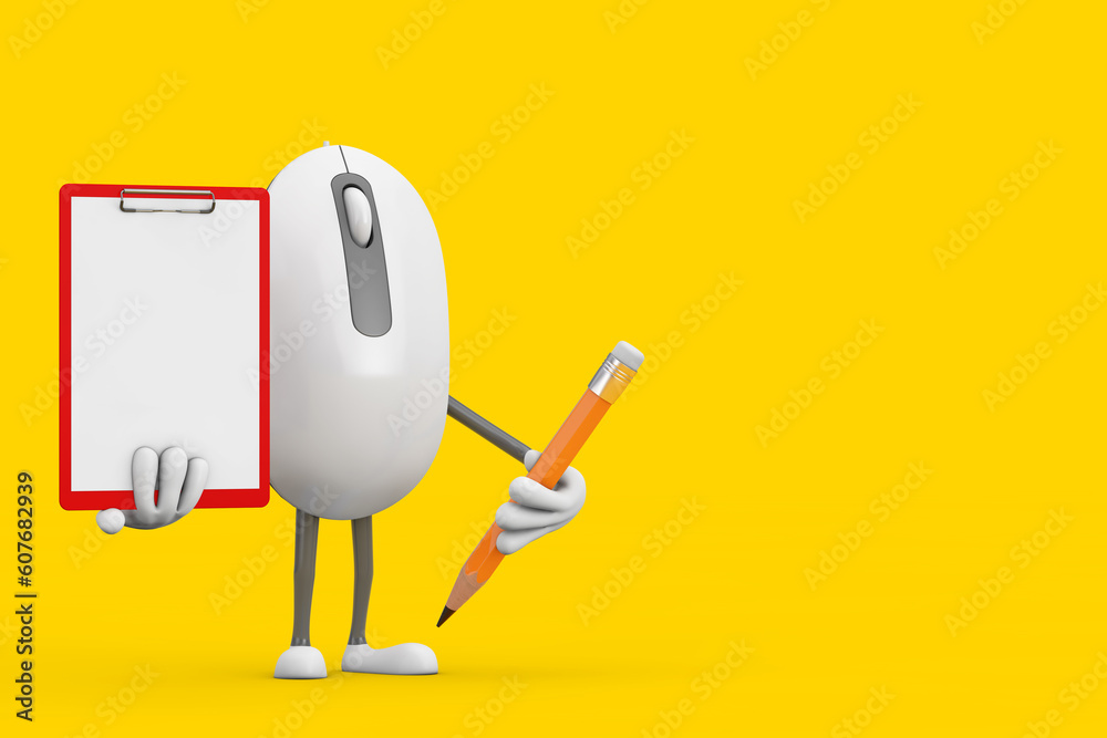 Poster computer mouse cartoon person character mascot with red plastic clipboard, paper and pencil. 3d rend