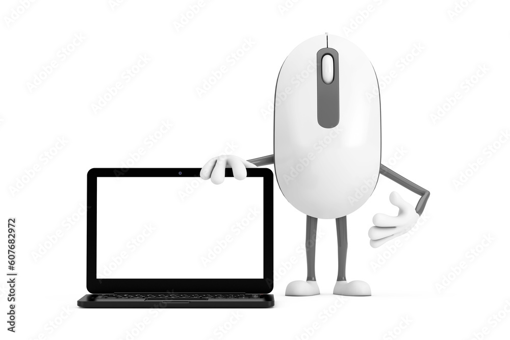 Poster Computer Mouse Cartoon Person Character Mascot with Modern Laptop Computer Notebook and Blank Screen for Your Design. 3d Rendering