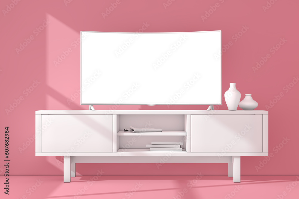 Poster White Modern Curved Led or LCD Smart TV Screen Mockup above White Console Rack in Clay Style. 3d Rendering