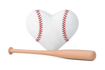 White Baseball Ball in Shape of Heart and Wooden Bat. 3d Rendering