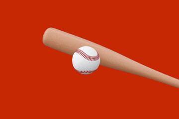 White Baseball Ball and Wooden Bat. 3d Rendering