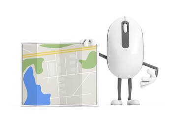 Computer Mouse Cartoon Person Character Mascot with Abstract City Plan Map. 3d Rendering