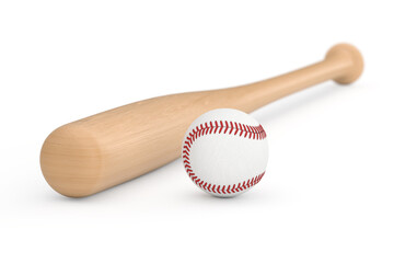 White Baseball Ball and Wooden Bat. 3d Rendering