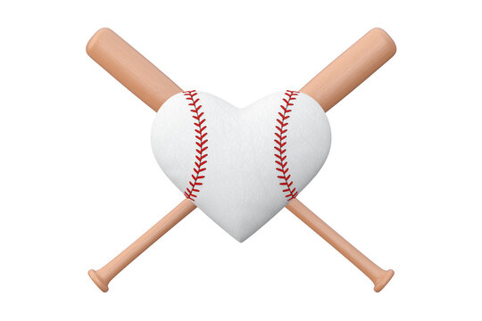 White Baseball Ball in Shape of Heart and Wooden Bat. 3d Rendering