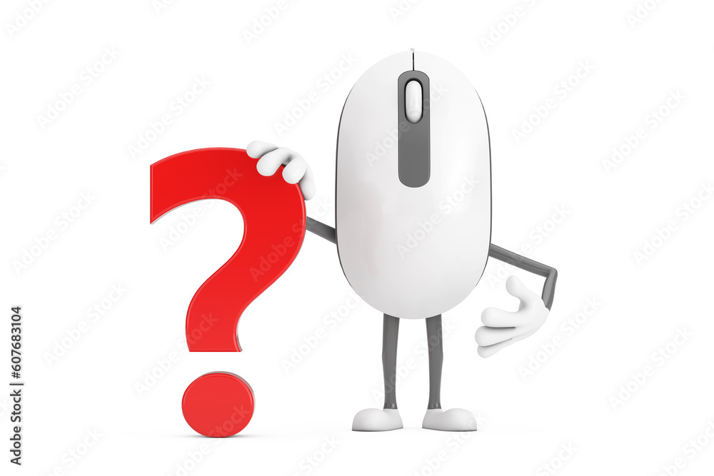 Poster computer mouse cartoon person character mascot with red question mark sign. 3d rendering