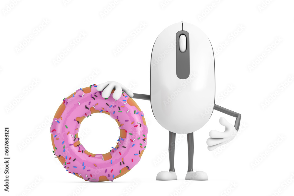 Aufkleber computer mouse cartoon person character mascot with big strawberry pink glazed donut. 3d rendering