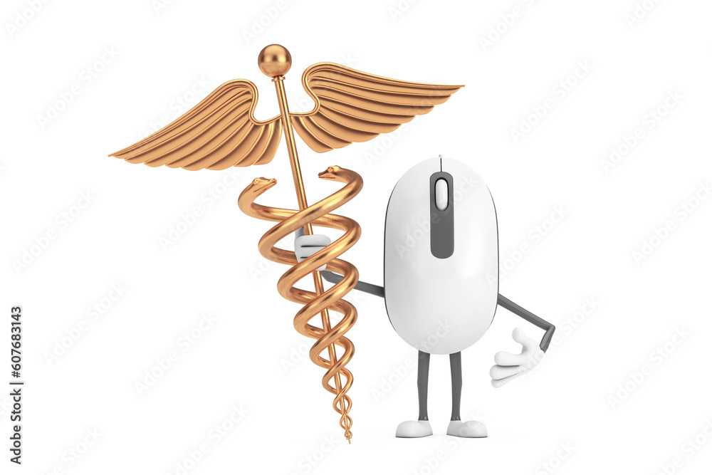 Poster Computer Mouse Cartoon Person Character Mascot with Golden Medical Caduceus Symbol. 3d Rendering